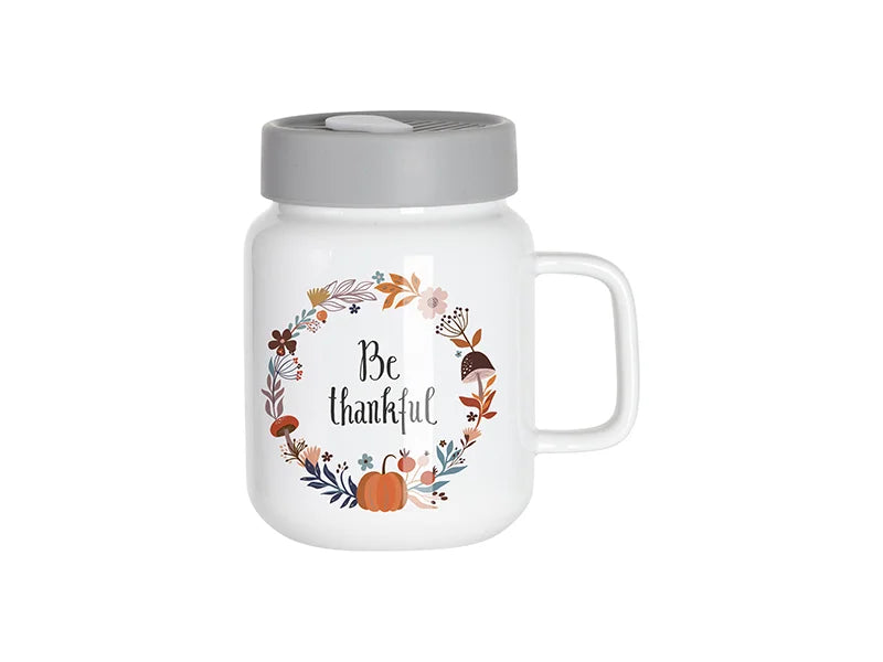 500ml Ceramic Mason Jar With Gray Silicon Lid (White)