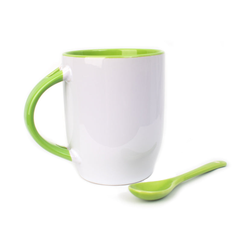 11Oz White Mug Inner Light Green with Spoon