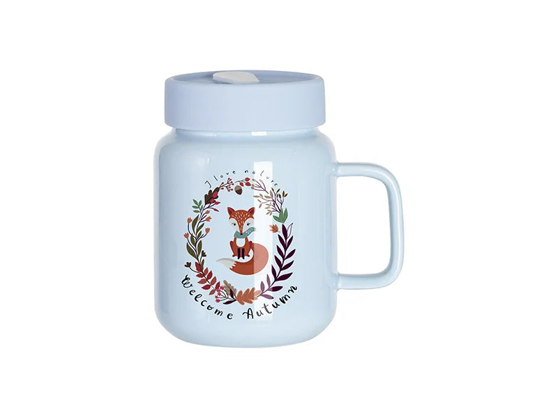 500ml Ceramic Mason Jar With Light Blue Silicon Lid (Light Blue)