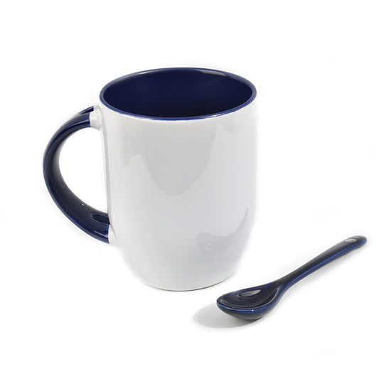 11Oz White Mug Inner Blue with spoon